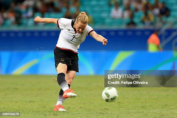 Melanie Behringer of Germany scores the opening goal during the Women's Football Quarterfinal match between China and Germany on Day 7 of the Rio...