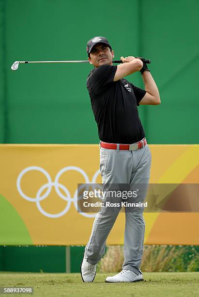 Felipe Aguilar of Chile on the par three 8th hole during the second round of the Olympic Golf on Day 7 of the Rio 2016 Olympic Games at the Olympic...