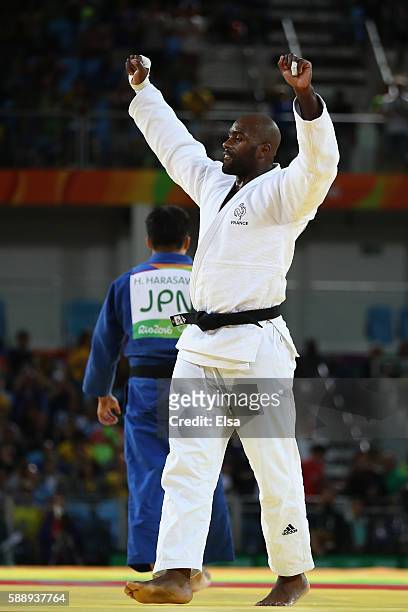 Teddy Riner of France celebrates after defeating Hisayoshi Harasawa of Japan during the Men's +100kg Judo Gold Medal contest on Day 7 of the Rio 2016...