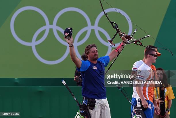 S archer Brady Ellison celebrates after obtaining the bronze medal in the men's individual competition at the Sambodromo archery venue in Rio de...