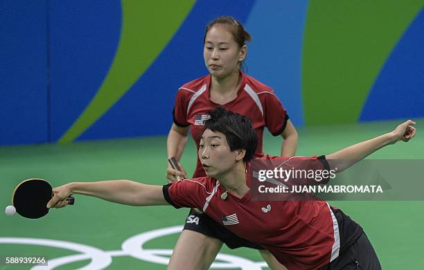 S Zheng Jiaqi watches her teammate Wu Yue hit a shot in the women's team qualification round table tennis match against Germany's Petrissa Solja and...