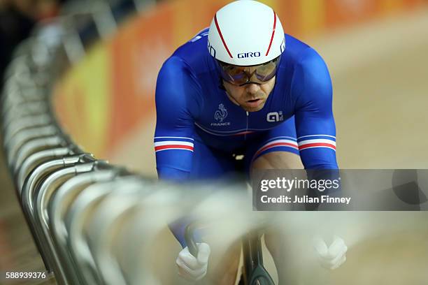 Francois Pervis of France competes in the Men's Sprint Qualifying on Day 7 of the Rio 2016 Olympic Games at the Rio Olympic Velodrome on August 12,...