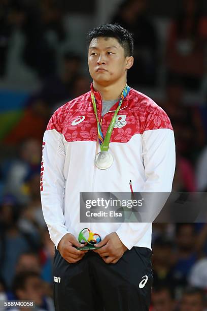 Silver medalist Hisayoshi Harasawa of Japan stands on the podium after the Men's +100kg Judo Gold Medal contest on Day 7 of the Rio 2016 Olympic...