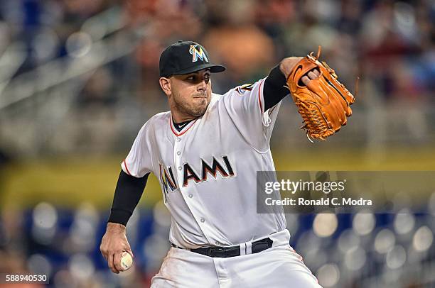 Pitcher Jose Fernandez of the Miami Marlins pitches during a MLB game against the San Francisco Giants at Marlins Park on August 8, 2016 in Miami,...