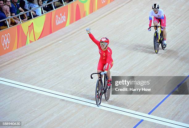 Jinjie Gong and Tianshi Zhong of Team China celebrates winning the gold medal after beating Team Russia in the Women's Team Sprint final for gold on...