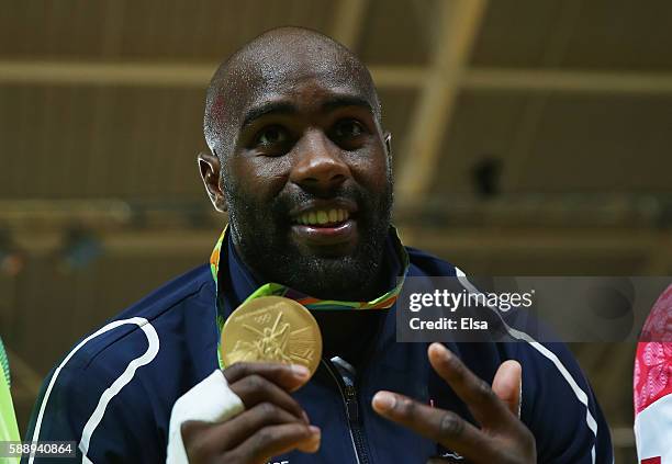 Gold medalist, Teddy Riner of France celebrates after defeating Hisayoshi Harasawa of Japan during the Men's +100kg Judo Gold Medal contest on Day 7...