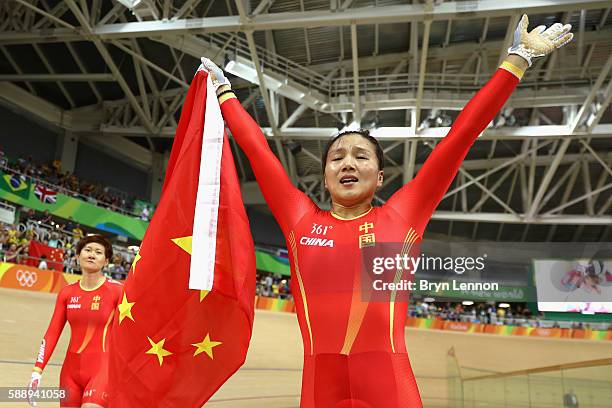 Jinjie Gong and Tianshi Zhong of Team China celebrates winning the gold medal after beating Team Russia in the Women's Team Sprint final for gold on...