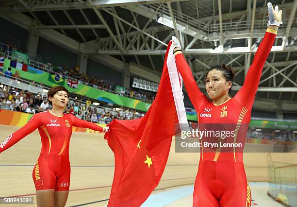 Jinjie Gong and Tianshi Zhong of Team China celebrates winning the gold medal after beating Team Russia in the Women's Team Sprint final for gold on...