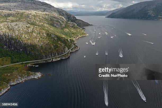 Many small boats accompanying cyclists during the second stage of the Arctic Race of Norway, the 198.5km from Mo i Rana to Sandnessjoen. On Friday,...