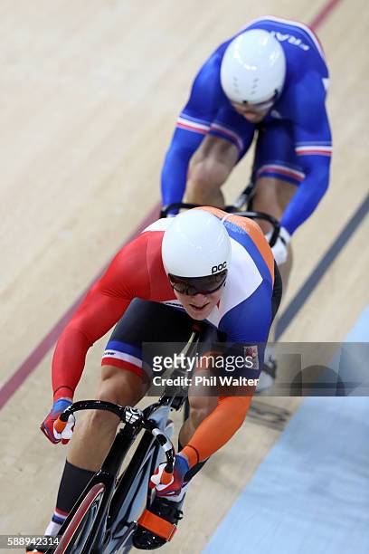 Jeffrey Hoogland of the Netherlands and Francois Pervis of France compete in the Men's Sprint 1/16 Finals on Day 7 of the Rio 2016 Olympic Games at...