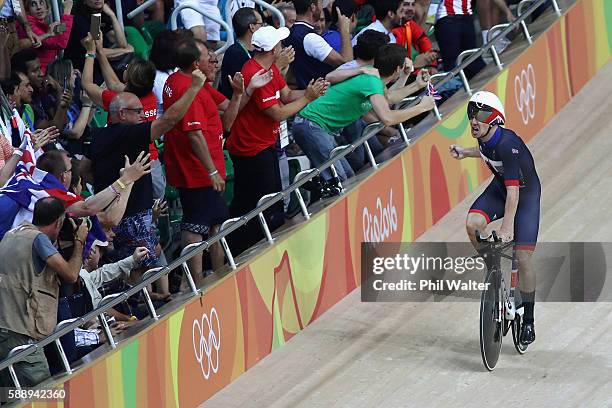 Edward Clancy, Steven Burke, Owain Doull and Bradley Wiggins of Team Great Britain celebrates winning the gold medal after the Men's Team Pursuit...