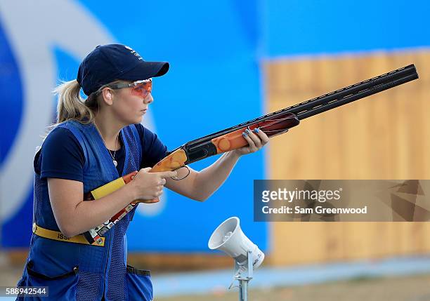 Amber Hill of Great Britain competes in the semifinals of Women's Skeet on Day 7 of the Rio 2016 Olympic Games at Olympic Shooting Centre on August...