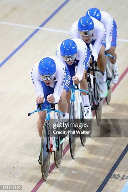 Simone Consonni, Filippo Ganna, Francesco Lamon and Michele Scartezzini of Italy competes in the Men's Team Pursuit Final for 5-6th place on Day 7 of...