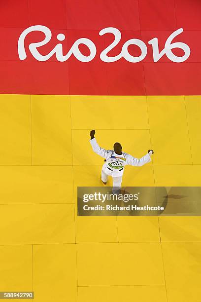 Teddy Riner of France celebrates after defeating Hisayoshi Harasawa of Japan during the Men's +100kg Judo Gold Medal contest on Day 7 of the Rio 2016...