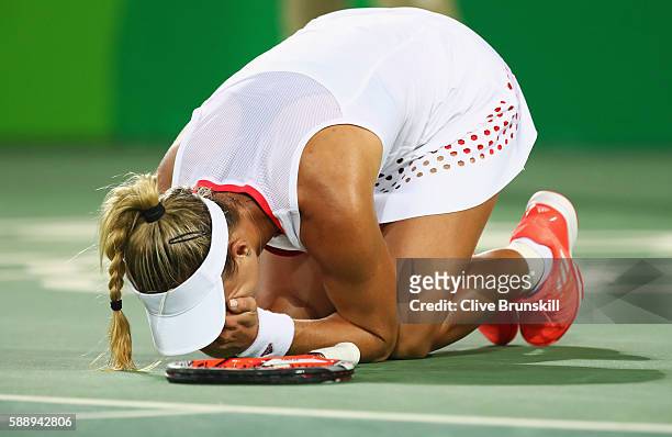 Angelique Kerber of Germany celebrates match point against Madison Keys of the United States during the women's singles semifinal match on Day 7 of...