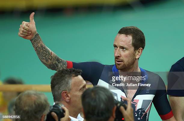 Bradley Wiggins of Team Great Britain celebrates winning the gold medal after the Men's Team Pursuit Final for Gold on Day 7 of the Rio 2016 Olympic...