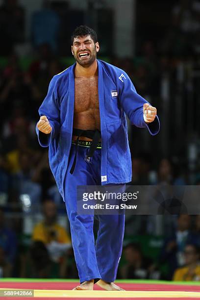 Or Sasson of Israel celebrates after defeating Alex Garcia Mendoza of Cuba during the Men's +100kg Judo contest on Day 7 of the Rio 2016 Olympic...