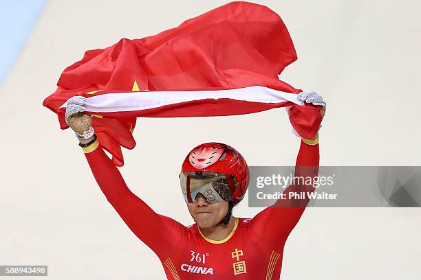 Jinjie Gong and Tianshi Zhong of Team China celebrates winning the gold medal after beating Team Russia in the Women's Team Sprint final for gold on...