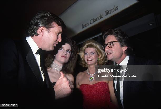 Property developer Donald Trump and wife Ivana Trump chat with actor Michael Douglas and his wife Diandra Luker at the Party to Celebrate Trump's...
