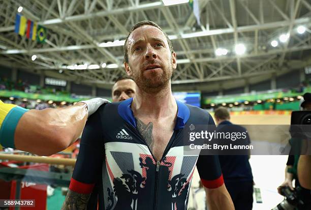 Bradley Wiggins of Team Great Britain celebrates winning the gold medal after the Men's Team Pursuit Final for Gold on Day 7 of the Rio 2016 Olympic...