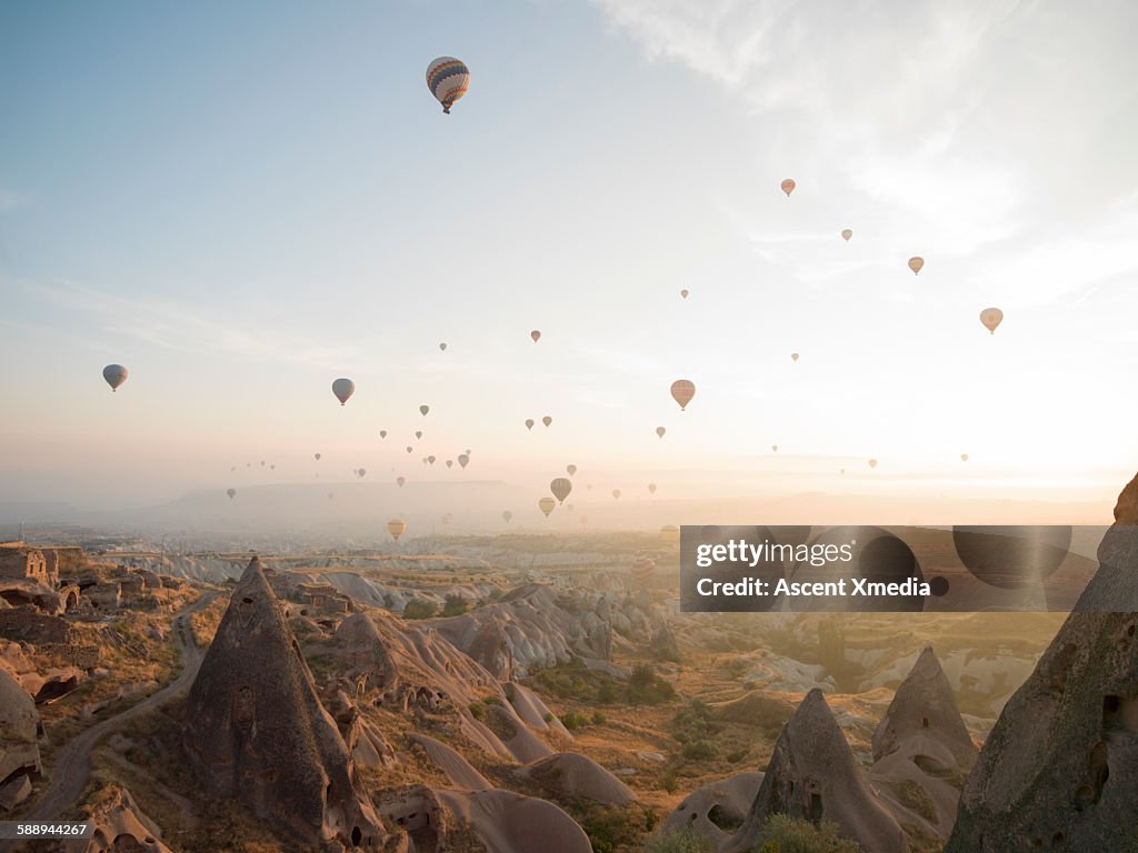 Hot air balloons rise above desert landscape