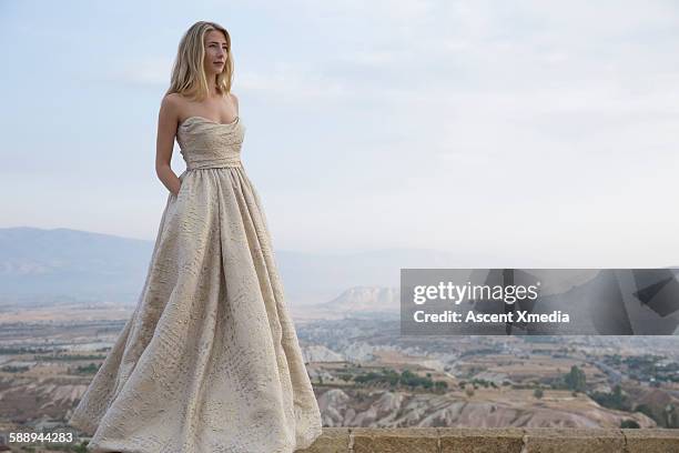 haute couture model poses above desert landscape - strapless evening gown stock-fotos und bilder