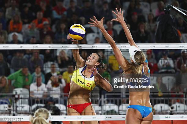 Liliana Fernandez Steiner of Spain in action during the Women's Round of 16 match against Ekaterina Birlova and Evgenia Ukolova of Russia on Day 7 of...
