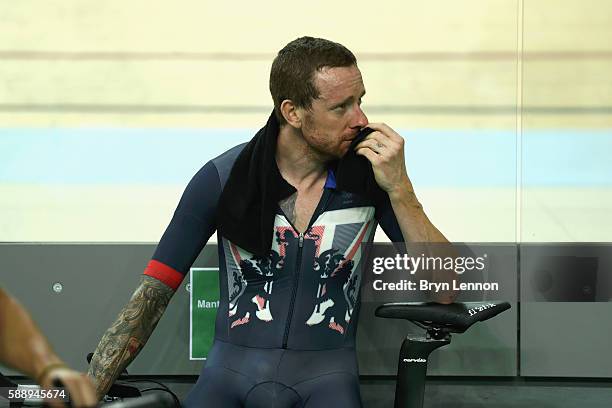 Bradley Wiggins of Team Great Britain celebrates winning the gold medal after the Men's Team Pursuit Final for Gold on Day 7 of the Rio 2016 Olympic...