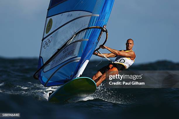 Dorian van Rijsselberghe of the Netherlands competes on his way to sealing gold in the Men's RS:X class on Day 7 of the Rio 2016 Olympic Games at...