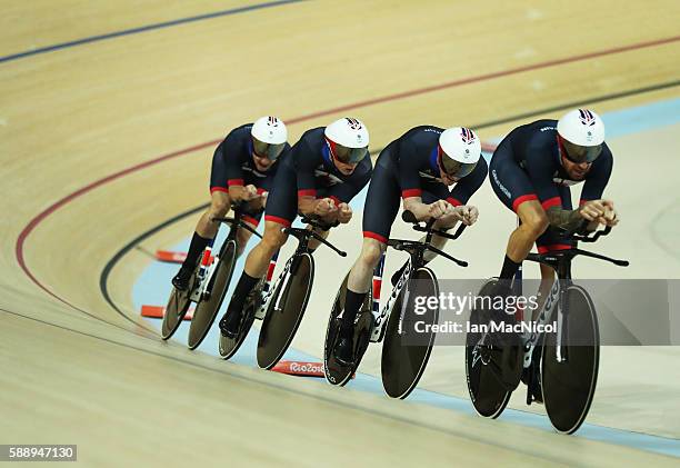 Bradley Wiggins leads Edward Clancy, Steven Burke and Owain Doull of Team Great Britain as they competes in the Men's Team Pursuit Final for Gold at...