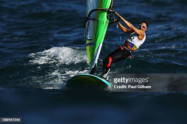 Bryony Shaw of Great Britain competes in the Women's RS:X class on Day 7 of the Rio 2016 Olympic Games at Marina da Gloria on August 12, 2016 in Rio...