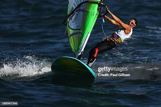 Bryony Shaw of Great Britain competes in the Women's RS:X class on Day 7 of the Rio 2016 Olympic Games at Marina da Gloria on August 12, 2016 in Rio...