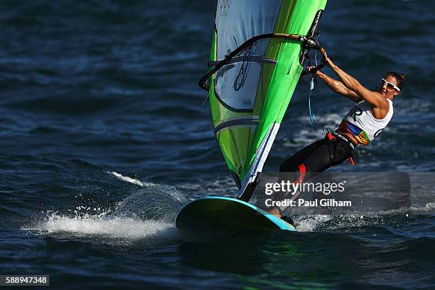 Bryony Shaw of Great Britain competes in the Women's RS:X class on Day 7 of the Rio 2016 Olympic Games at Marina da Gloria on August 12, 2016 in Rio...