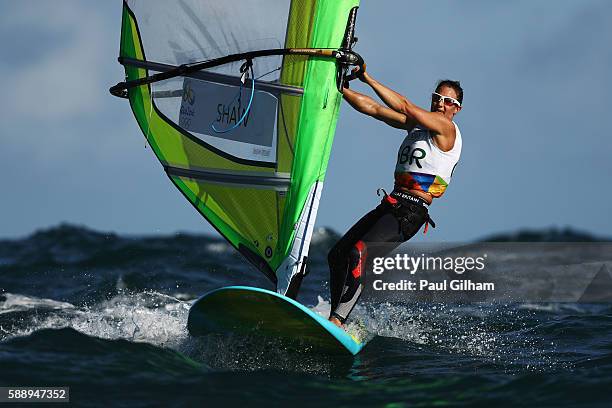 Bryony Shaw of Great Britain competes in the Women's RS:X class on Day 7 of the Rio 2016 Olympic Games at Marina da Gloria on August 12, 2016 in Rio...