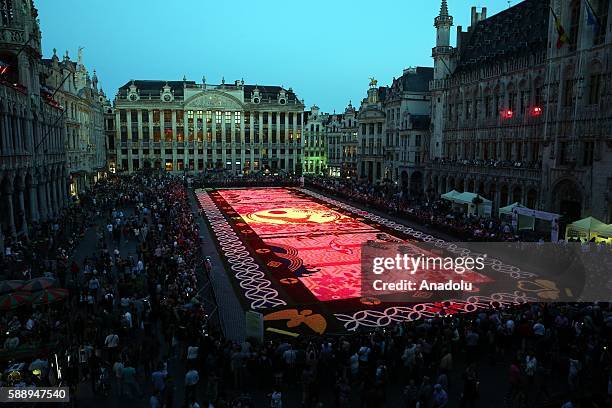 Giant flower carpet, having a Japanese design due to 150th years celebrations of Belgium - Japan relations, is seen during the 20th Flower Carpet...