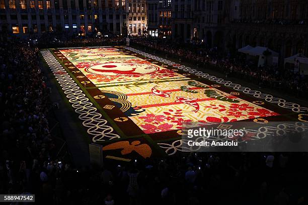 Giant flower carpet, having a Japanese design due to 150th years celebrations of Belgium - Japan relations, is seen during the 20th Flower Carpet...