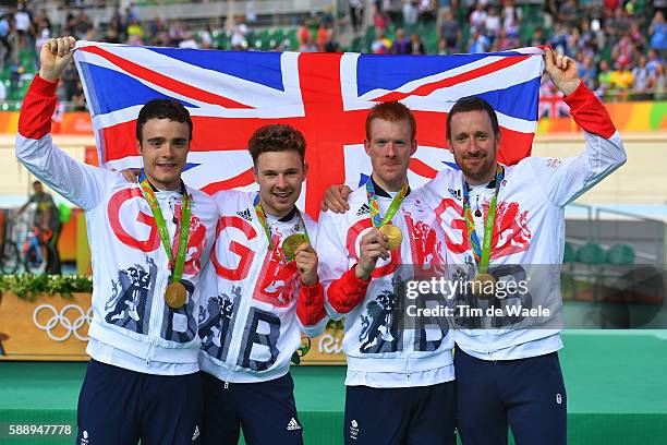 31st Rio 2016 Olympics / Track Cycling: Men's Team Pursuit Finals Podium / Team GREAT BRITAIN / Edward CLANCY / Steven BURKE / Owain DOULL / Bradley...