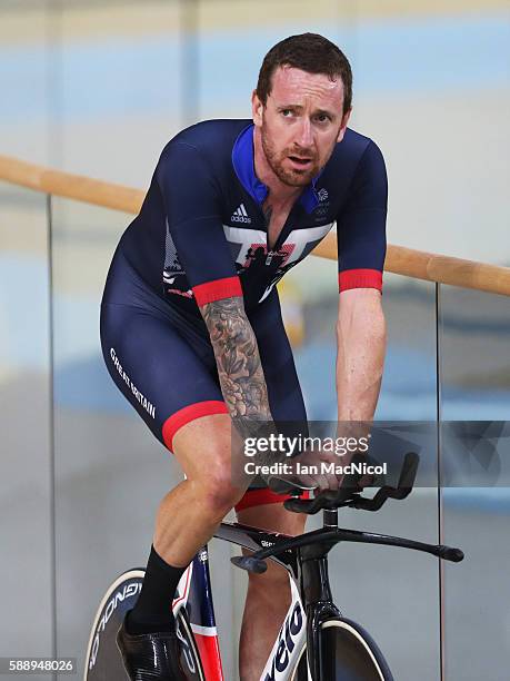 Bradley Wiggins of Team Great Britain rides round the track after winning Gold in the Men's Team Pursuit Final on Day 7 of the Rio 2016 Olympic Games...
