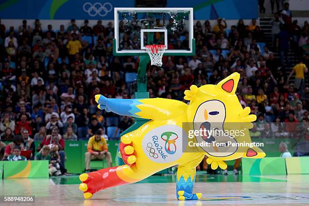 An inflatable mascot is seen on the court in the Men's Preliminary Round Group A match on Day 7 of the Rio 2016 Olympic Games at Carioca Arena 1 on...