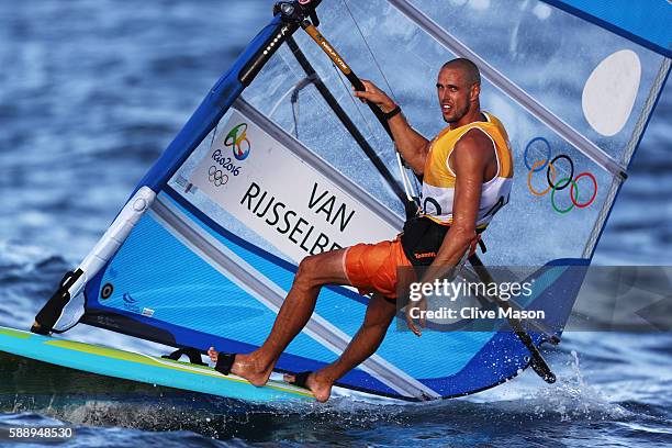 Dorian van Rijsselberghe of the Netherlands competes on his way to sealing gold in the Men's RS:X class on Day 7 of the Rio 2016 Olympic Games at...