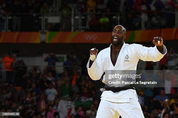 Olympic champion Teddy Riner of France reacts after winning the Men's +100kg Judo final match on Day 7 of the Rio 2016 Olympic Games at Carioca Arena...