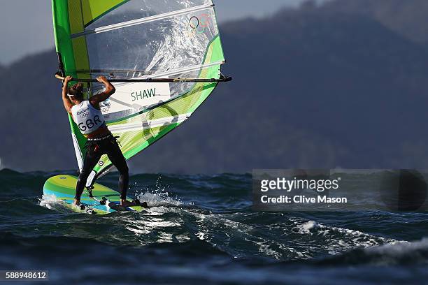Bryony Shaw of Great Britain competes in the Women's RS:X class on Day 7 of the Rio 2016 Olympic Games at Marina da Gloria on August 12, 2016 in Rio...