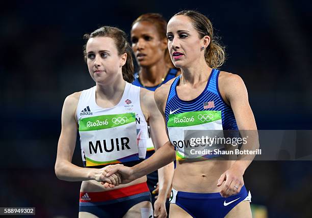 Laura Muir of Great Britain and Shannon Rowbury of the United States shake hands after round three of the Women's 1500 metres on Day 7 of the Rio...