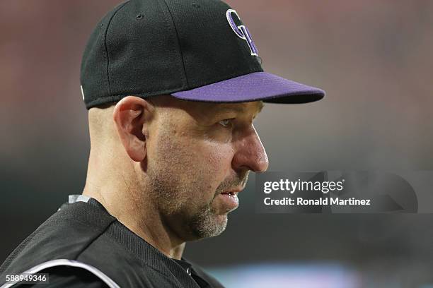 Manager Walt Weiss of the Colorado Rockies during play against the Texas Rangers at Globe Life Park in Arlington on August 10, 2016 in Arlington,...