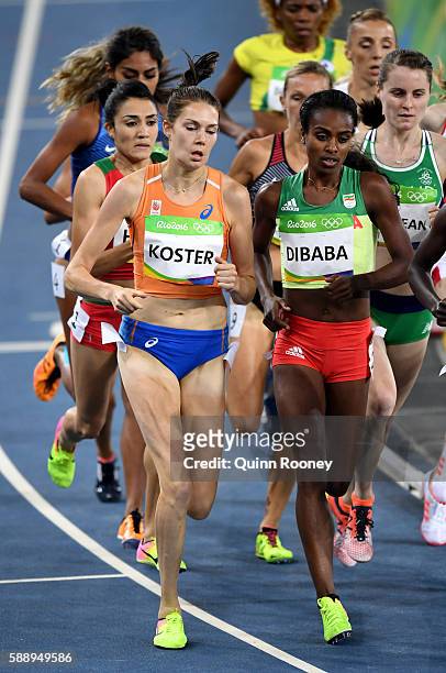 Genzebe Dibaba of Ethiopia and Maureen Koster of the Netherlands compete in the Women's 1500m Round 1 - Heat 1 on Day 7 of the Rio 2016 Olympic Games...