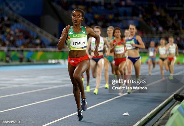 Dawit Seyaum of Ethiopia wins round three of the Women's 1500 metres on Day 7 of the Rio 2016 Olympic Games at the Olympic Stadium on August 12, 2016...