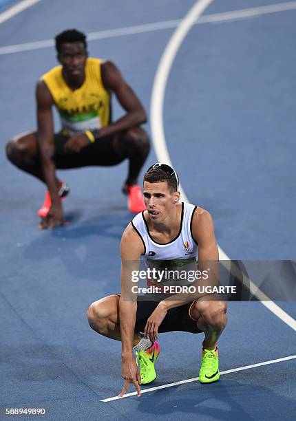 Belgium's Kevin Borlee reacts after competing in the Men's 400m Round 1 during the athletics event at the Rio 2016 Olympic Games at the Olympic...