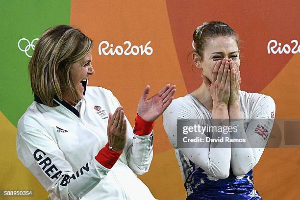 Silver medalist Bryony Page of Great Britain reacts after competing in the Trampoline Gymnastics Women's Final on Day 7 of the Rio 2016 Olympic Games...