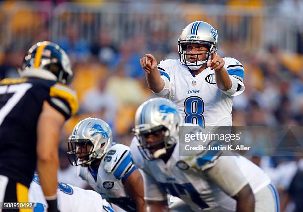 Dan Orlovsky of the Detroit Lions directs the offense during the game against the Pittsburgh Steelers on August 12, 2016 at Heinz Field in...