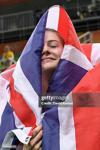 Silver medalist Bryony Page of Great Britain reacts after competing in the Trampoline Gymnastics Women's Final on Day 7 of the Rio 2016 Olympic Games...